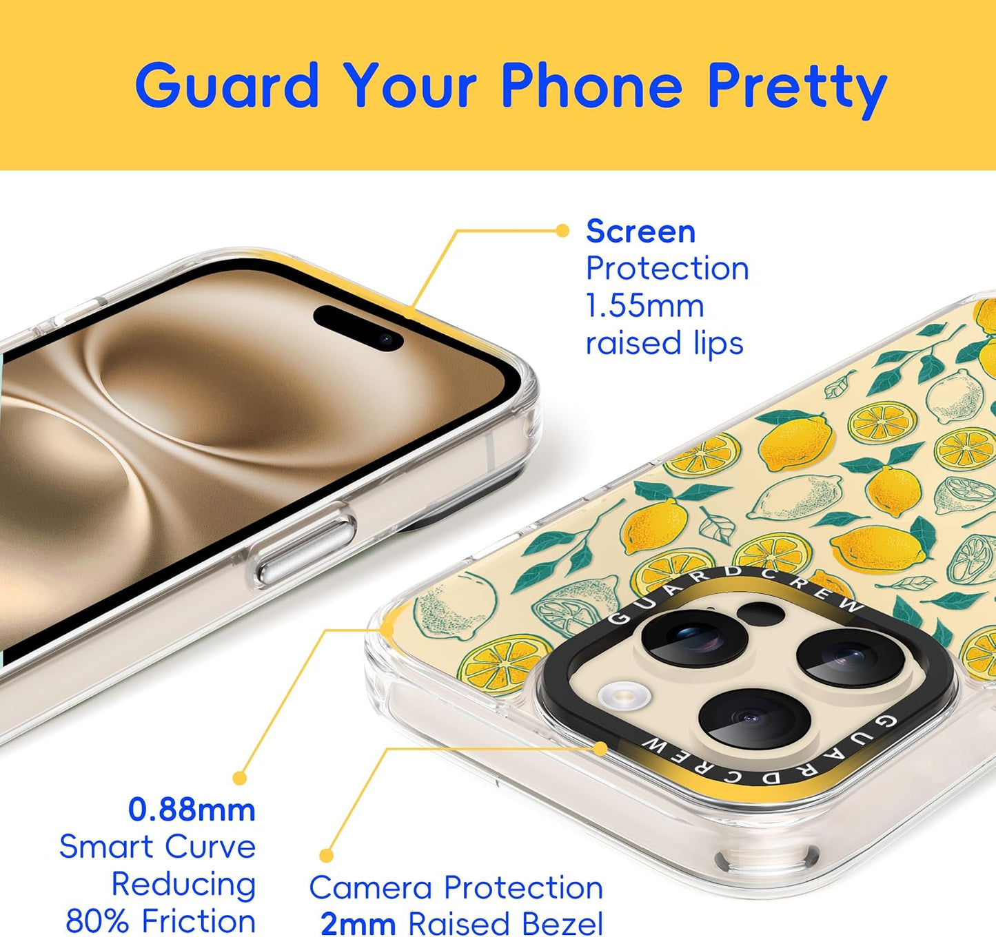 for iPhone 14 Pro Max Case, [Lemon] Cool Aesthetic Pattern for Women, [11FT Military-Grade Drop Tested] Slim Crystal Clear Shockproof TPU Bumper Phone Cover, 6.7"