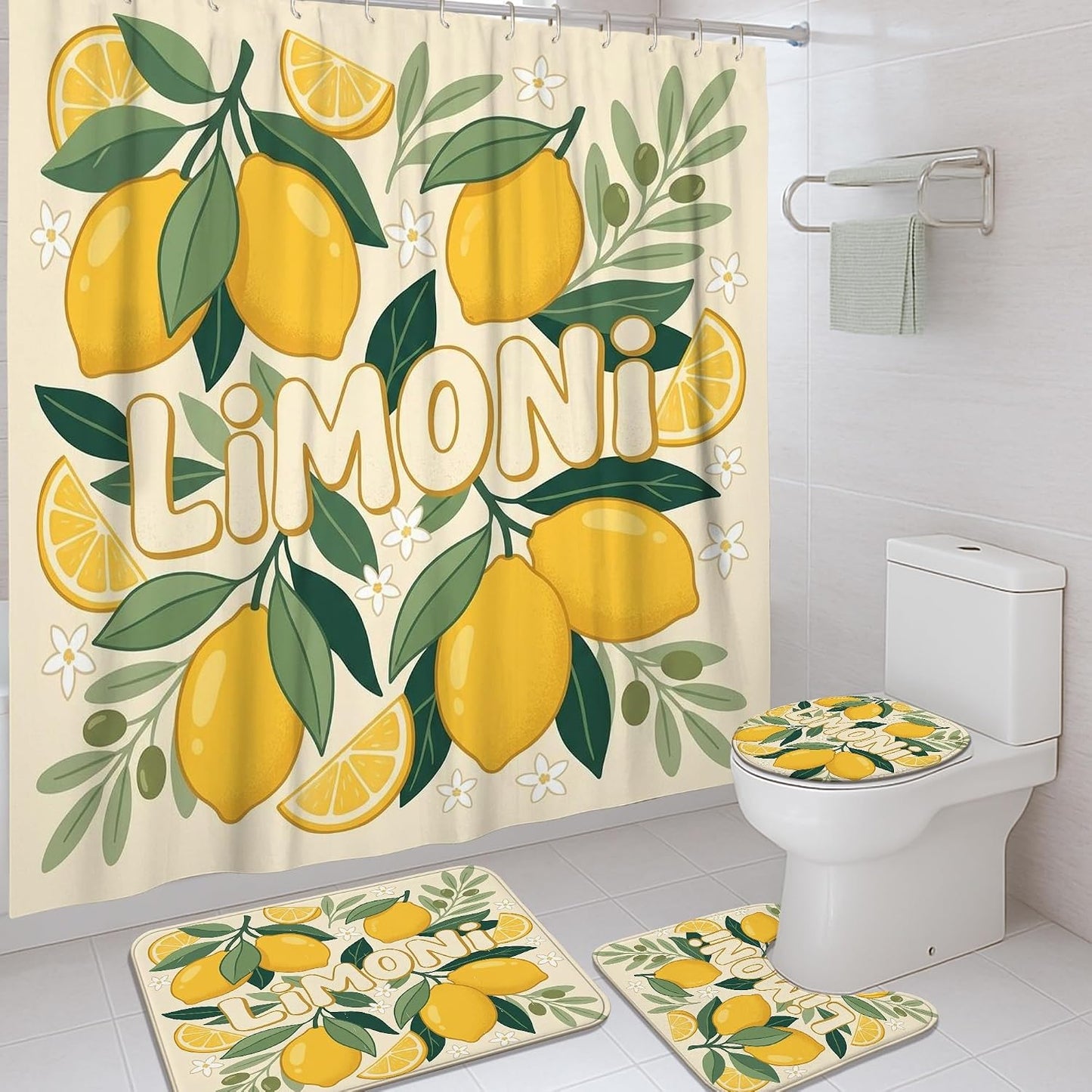 Lemon Shower Curtain Sets, Summer Tropical Lemon Leaves Summer Yellow Waterproof Fabric Bathroom Sets with Shower Curtain and Rugs for Bathtub Toile Guest Room Decor 72x72 Inch