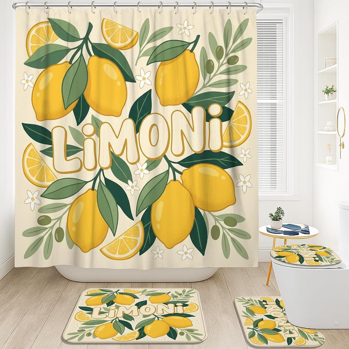 Lemon Shower Curtain Sets, Summer Tropical Lemon Leaves Summer Yellow Waterproof Fabric Bathroom Sets with Shower Curtain and Rugs for Bathtub Toile Guest Room Decor 72x72 Inch