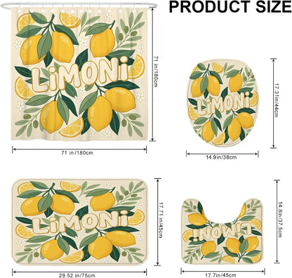 Lemon Shower Curtain Sets, Summer Tropical Lemon Leaves Summer Yellow Waterproof Fabric Bathroom Sets with Shower Curtain and Rugs for Bathtub Toile Guest Room Decor 72x72 Inch