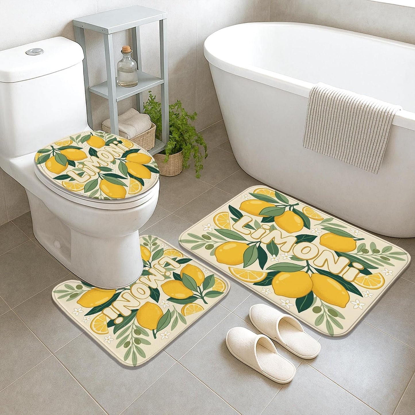 Lemon Shower Curtain Sets, Summer Tropical Lemon Leaves Summer Yellow Waterproof Fabric Bathroom Sets with Shower Curtain and Rugs for Bathtub Toile Guest Room Decor 72x72 Inch