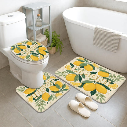 Lemon Shower Curtain Sets, Summer Tropical Lemon Leaves Summer Yellow Waterproof Fabric Bathroom Sets with Shower Curtain and Rugs for Bathtub Toile Guest Room Decor 72x72 Inch