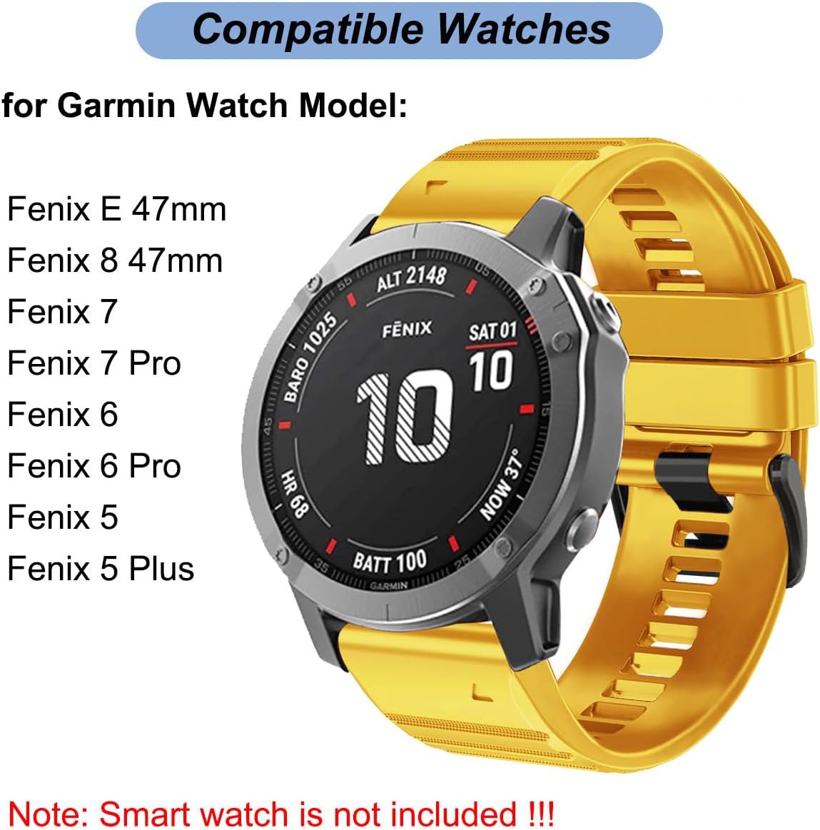 Watch Band for Garmin Fenix 6/Fenix 7/Fenix 8 (47mm)/Fenix 5/Fenix E (47MM), 22mm Silicone Watch Bands Quick Fit Strap for Garmin Smartwatch