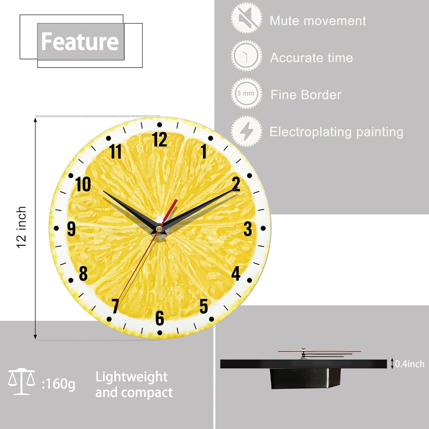 Wall Clocks,Lemon Yellow Fruits 10 Inch Wall Clock,Summer Small Battery Operated Wall Clocks Decorative for Kitchen/Living Room/Bedroom/Bathroom/Dining Room