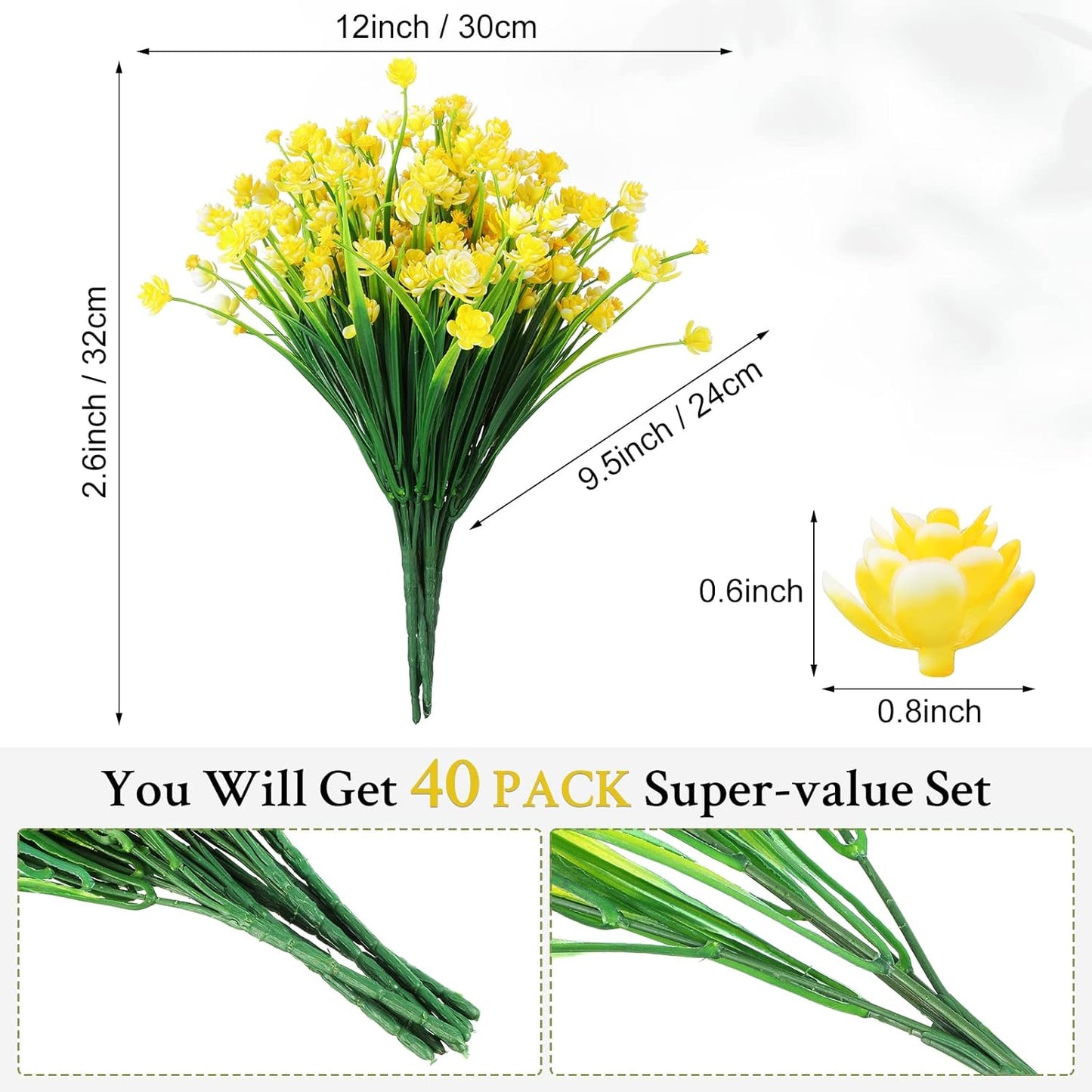 40 Bundles Outdoor Artificial Flowers Plants UV Resistant Outside Fake Flowers Plastic Plants Outdoor Spring Summer Seasons Decoration Shrubs Garden Porch (Yellow)