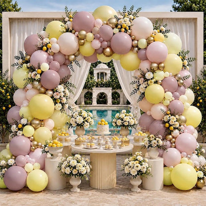 Dusty Pink Yellow Balloon Arch Double Stuffed Light Yellow Lemon Balloons | Mauve Blush Cream White Gold Balloon Garland Kit for Boho Baby Shower Bee Birthday Bridal Wedding Fall Party Decorations