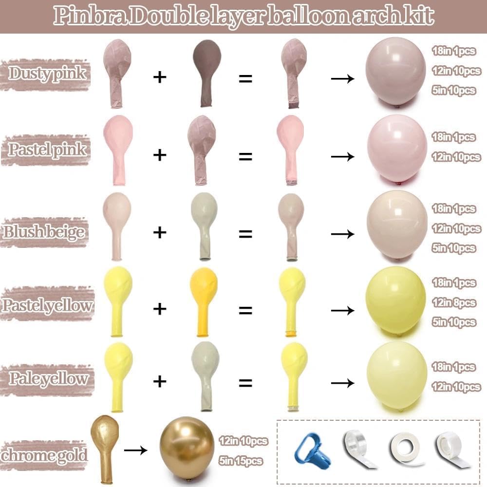 Dusty Pink Yellow Balloon Arch Double Stuffed Light Yellow Lemon Balloons | Mauve Blush Cream White Gold Balloon Garland Kit for Boho Baby Shower Bee Birthday Bridal Wedding Fall Party Decorations