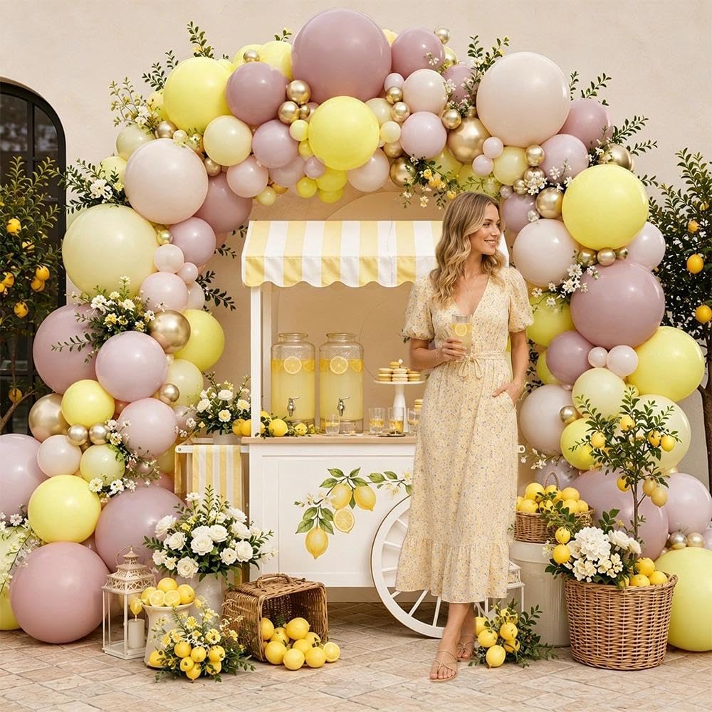 Dusty Pink Yellow Balloon Arch Double Stuffed Light Yellow Lemon Balloons | Mauve Blush Cream White Gold Balloon Garland Kit for Boho Baby Shower Bee Birthday Bridal Wedding Fall Party Decorations