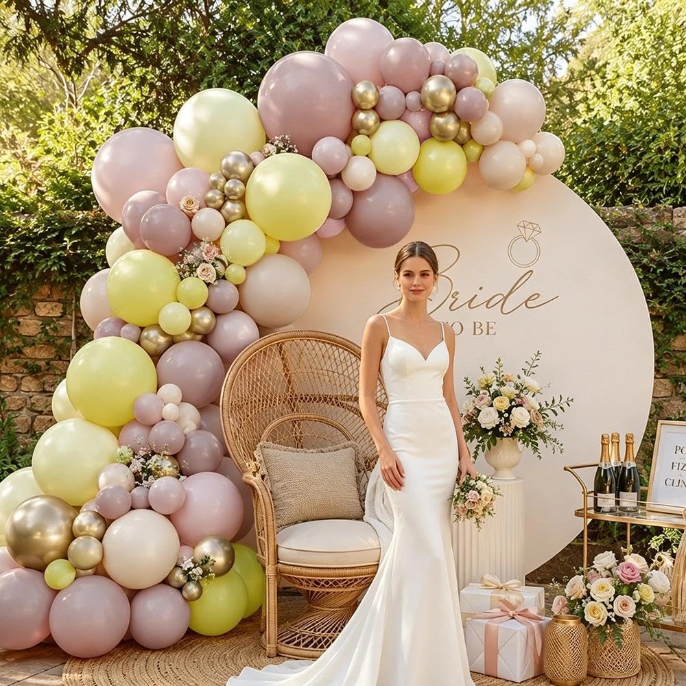 Dusty Pink Yellow Balloon Arch Double Stuffed Light Yellow Lemon Balloons | Mauve Blush Cream White Gold Balloon Garland Kit for Boho Baby Shower Bee Birthday Bridal Wedding Fall Party Decorations