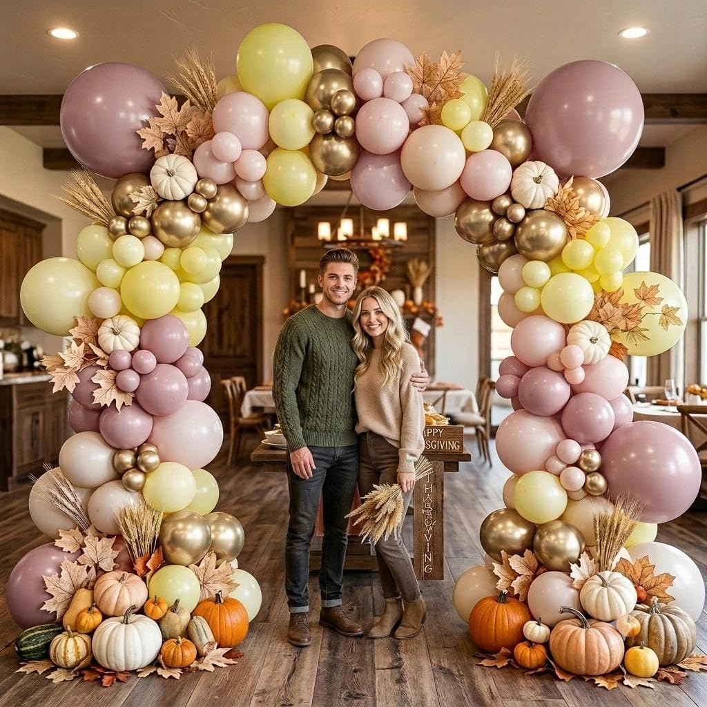 Dusty Pink Yellow Balloon Arch Double Stuffed Light Yellow Lemon Balloons | Mauve Blush Cream White Gold Balloon Garland Kit for Boho Baby Shower Bee Birthday Bridal Wedding Fall Party Decorations