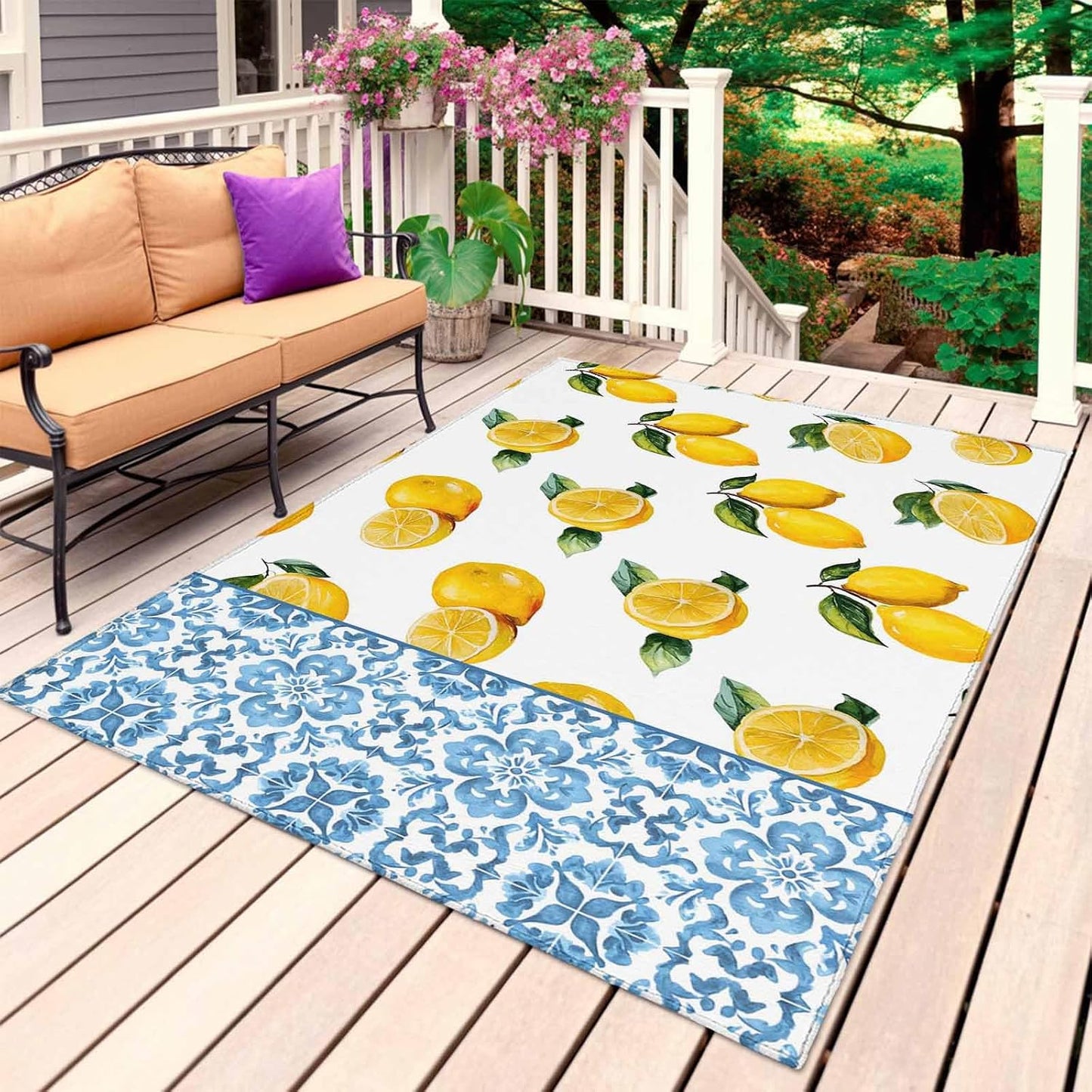 Summer Lemon Outdoor Rug for Patio/Deck/Porch, Non-Slip Large Area Rug 3 x 5 Ft, Country Fruits Italian Style Flowers Blue Indoor Outdoor Rugs Washable Area Rugs, Reversible Camping Rug Carpet Runner