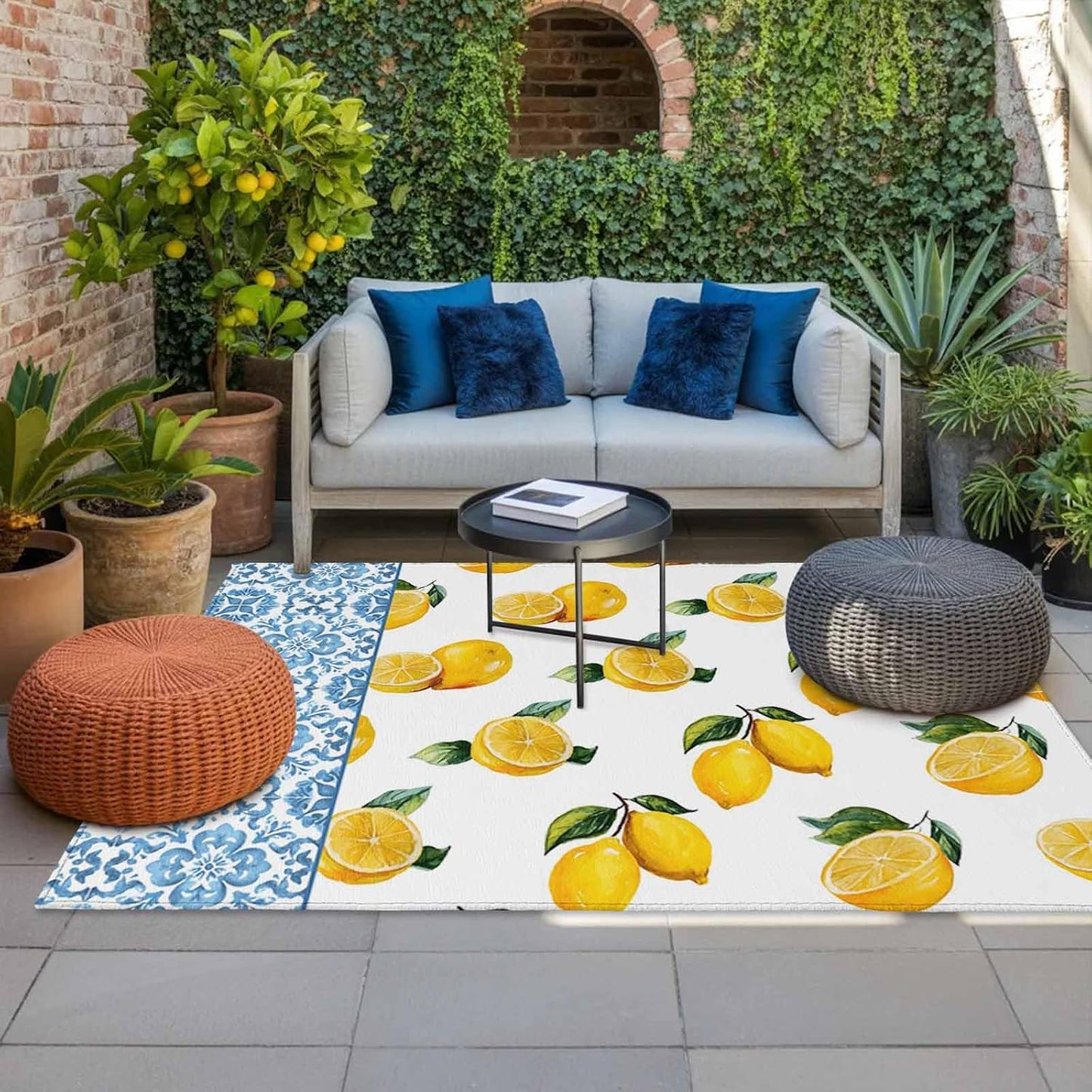 Summer Lemon Outdoor Rug for Patio/Deck/Porch, Non-Slip Large Area Rug 3 x 5 Ft, Country Fruits Italian Style Flowers Blue Indoor Outdoor Rugs Washable Area Rugs, Reversible Camping Rug Carpet Runner