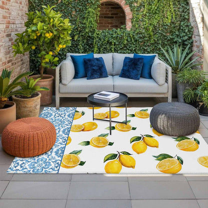 Summer Lemon Outdoor Rug for Patio/Deck/Porch, Non-Slip Large Area Rug 3 x 5 Ft, Country Fruits Italian Style Flowers Blue Indoor Outdoor Rugs Washable Area Rugs, Reversible Camping Rug Carpet Runner