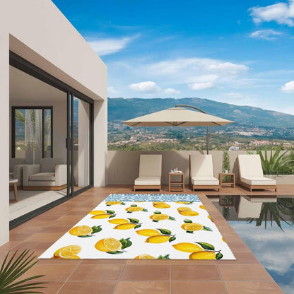 Summer Lemon Outdoor Rug for Patio/Deck/Porch, Non-Slip Large Area Rug 3 x 5 Ft, Country Fruits Italian Style Flowers Blue Indoor Outdoor Rugs Washable Area Rugs, Reversible Camping Rug Carpet Runner