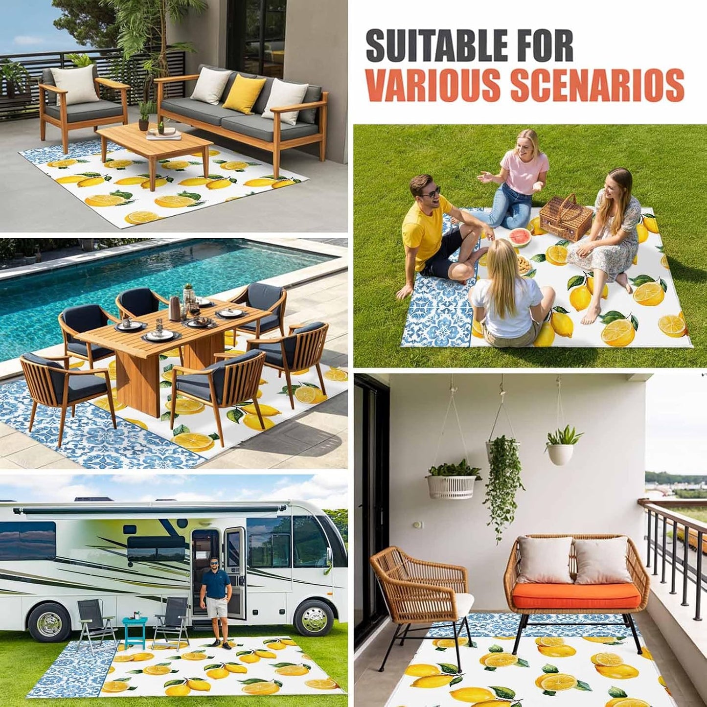 Summer Lemon Outdoor Rug for Patio/Deck/Porch, Non-Slip Large Area Rug 3 x 5 Ft, Country Fruits Italian Style Flowers Blue Indoor Outdoor Rugs Washable Area Rugs, Reversible Camping Rug Carpet Runner