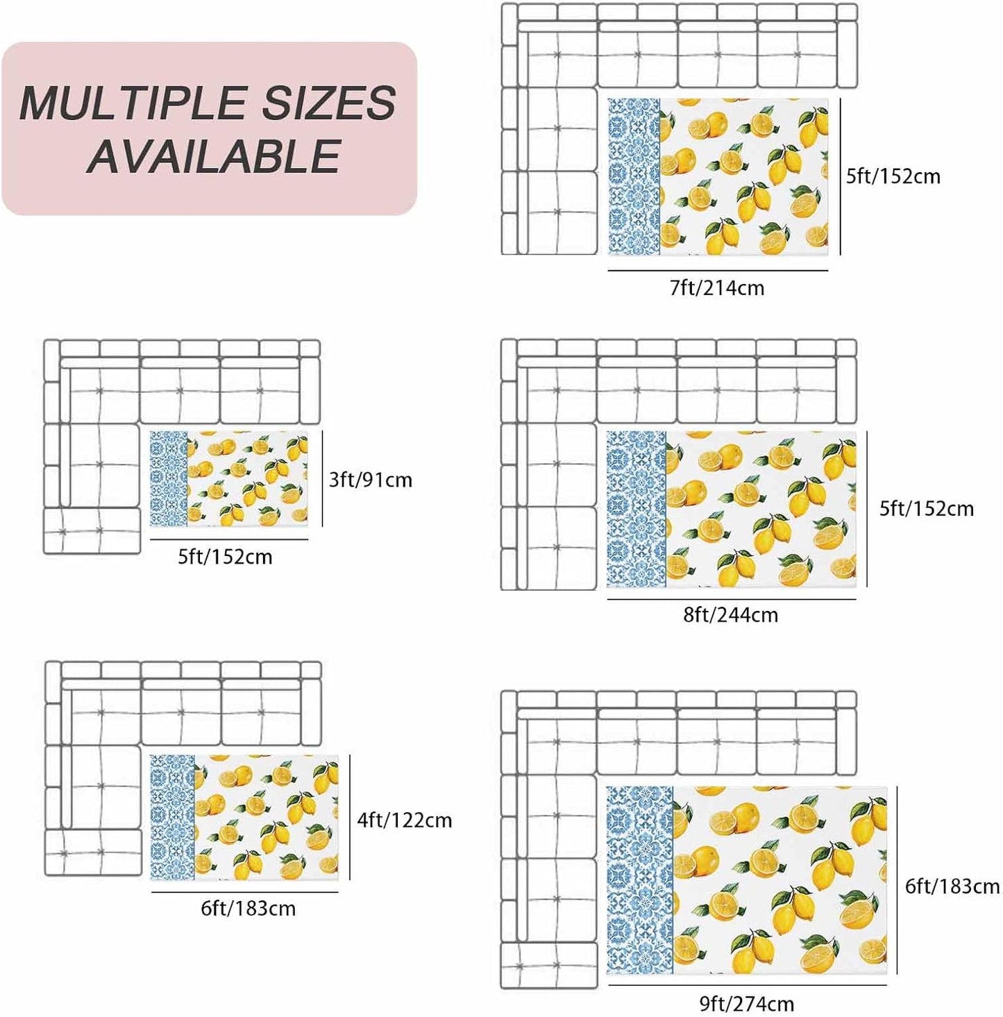 Summer Lemon Outdoor Rug for Patio/Deck/Porch, Non-Slip Large Area Rug 3 x 5 Ft, Country Fruits Italian Style Flowers Blue Indoor Outdoor Rugs Washable Area Rugs, Reversible Camping Rug Carpet Runner