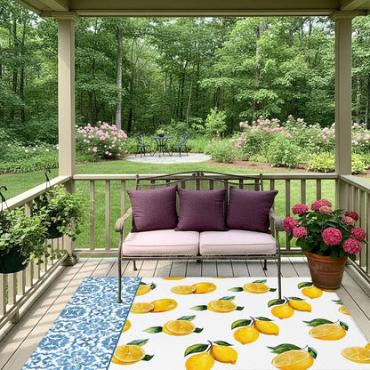 Summer Lemon Outdoor Rug for Patio/Deck/Porch, Non-Slip Large Area Rug 3 x 5 Ft, Country Fruits Italian Style Flowers Blue Indoor Outdoor Rugs Washable Area Rugs, Reversible Camping Rug Carpet Runner
