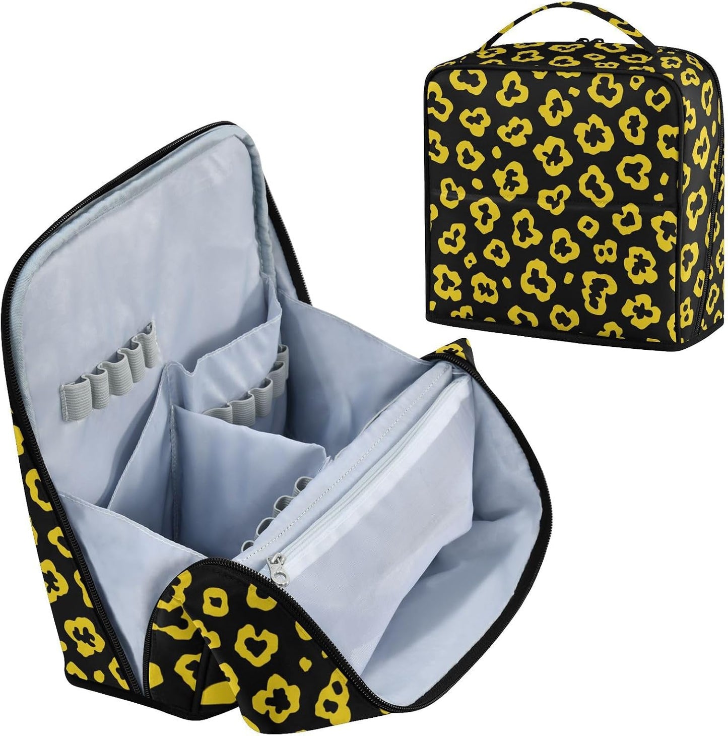 Designed Cosmetic Bag Leopard Pattern Bright Yellow Black | with dividers ,Waterproof Large Make Up Bag,Phone/Mirror Holder