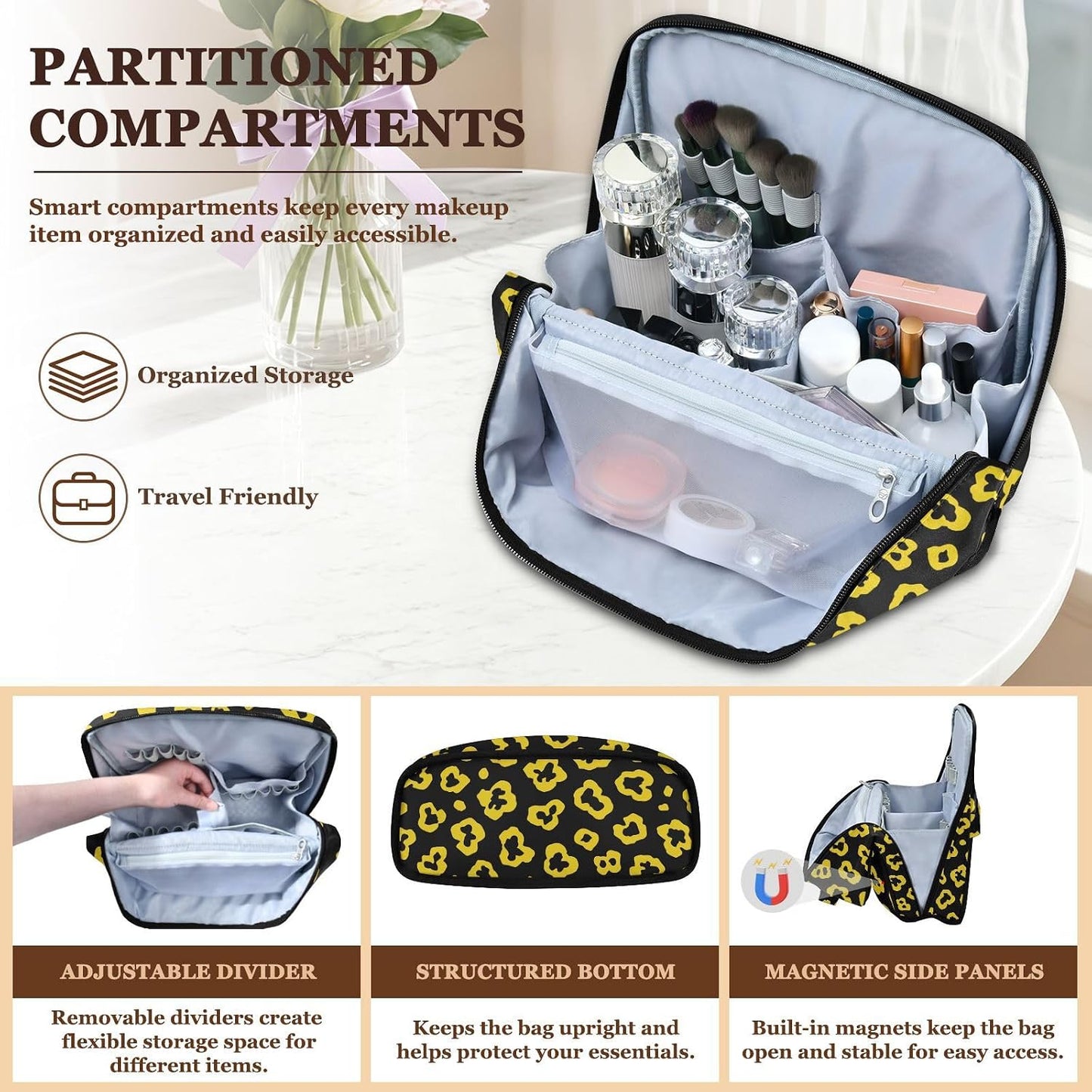 Designed Cosmetic Bag Leopard Pattern Bright Yellow Black | with dividers ,Waterproof Large Make Up Bag,Phone/Mirror Holder