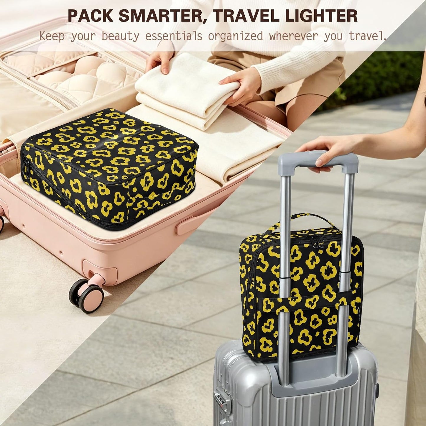 Designed Cosmetic Bag Leopard Pattern Bright Yellow Black | with dividers ,Waterproof Large Make Up Bag,Phone/Mirror Holder