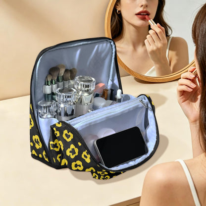Designed Cosmetic Bag Leopard Pattern Bright Yellow Black | with dividers ,Waterproof Large Make Up Bag,Phone/Mirror Holder