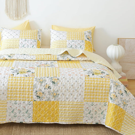 Floral Quilt Set King Size – Ultra Soft Lightweight Bedspread, 3 Piece Yellow Bedding Set (104"x90") with Pillowcases (20"x36"), All Season Coverlet for Bedroom & Guest Room