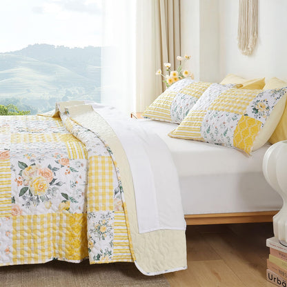 Floral Quilt Set King Size – Ultra Soft Lightweight Bedspread, 3 Piece Yellow Bedding Set (104"x90") with Pillowcases (20"x36"), All Season Coverlet for Bedroom & Guest Room
