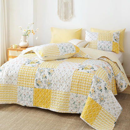 Floral Quilt Set King Size – Ultra Soft Lightweight Bedspread, 3 Piece Yellow Bedding Set (104"x90") with Pillowcases (20"x36"), All Season Coverlet for Bedroom & Guest Room