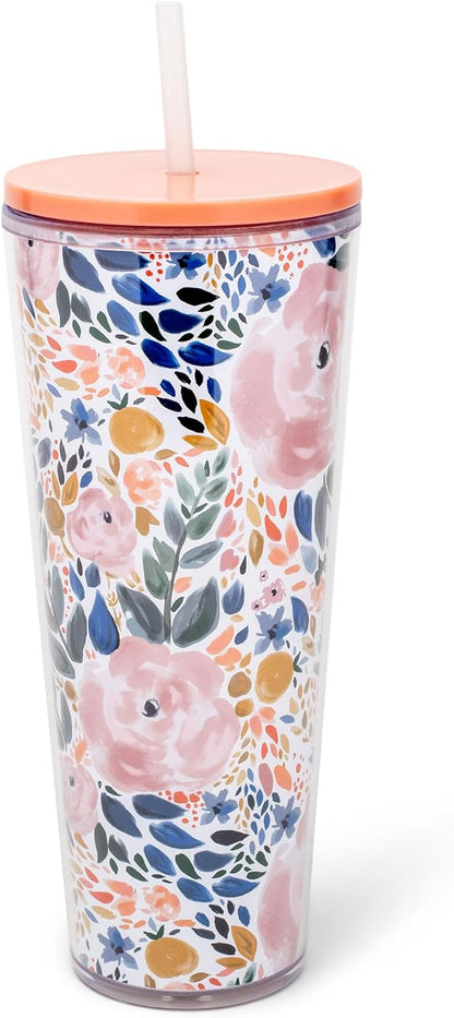 SH00058 Bright Yellow Lemon Love Citrus 24 ounce Acrylic Travel Tumbler with Straw For Iced Coffee or Water