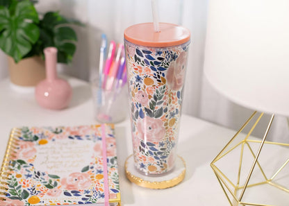 SH00058 Bright Yellow Lemon Love Citrus 24 ounce Acrylic Travel Tumbler with Straw For Iced Coffee or Water