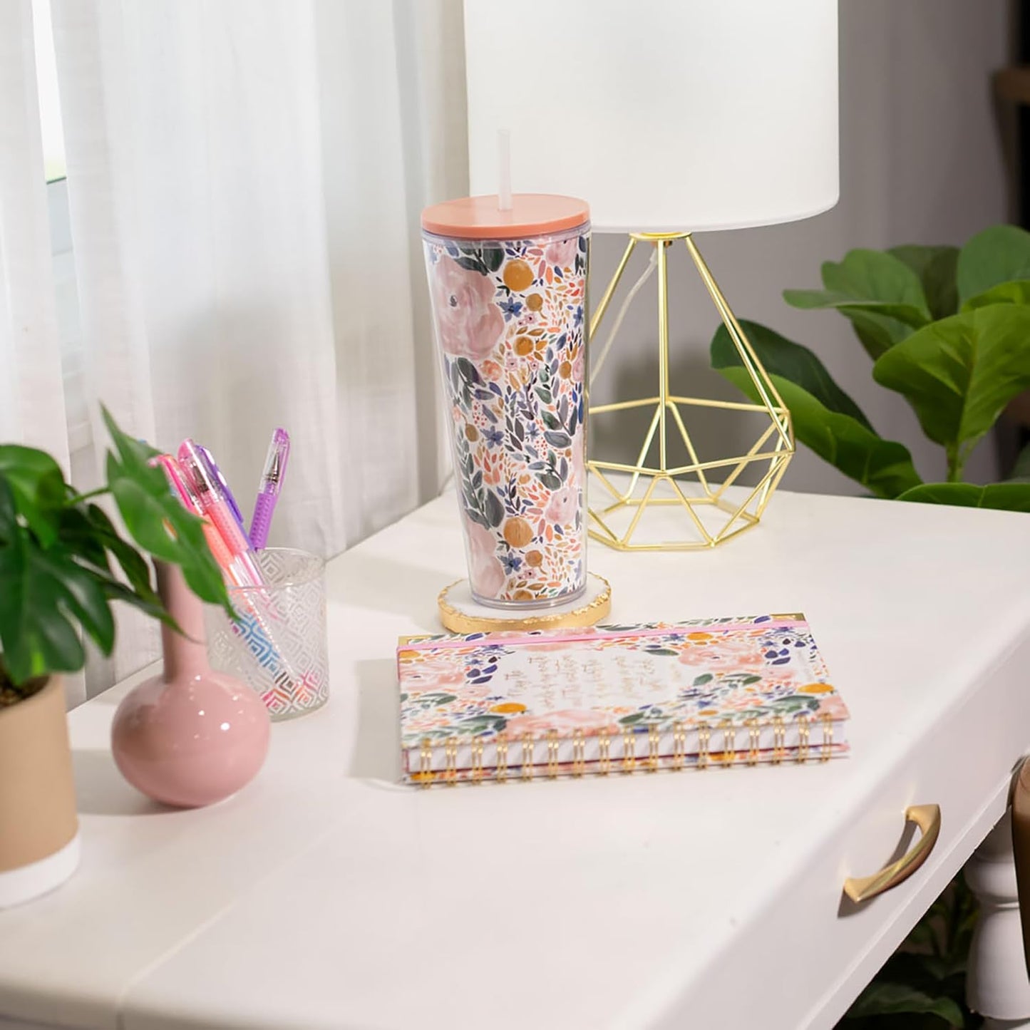 SH00058 Bright Yellow Lemon Love Citrus 24 ounce Acrylic Travel Tumbler with Straw For Iced Coffee or Water