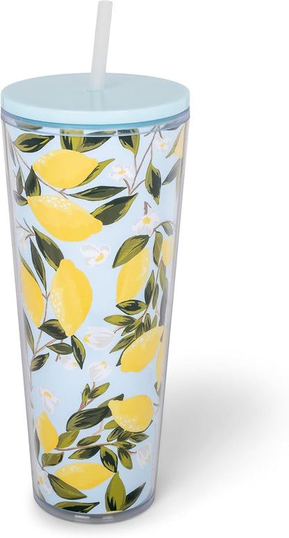 SH00058 Bright Yellow Lemon Love Citrus 24 ounce Acrylic Travel Tumbler with Straw For Iced Coffee or Water