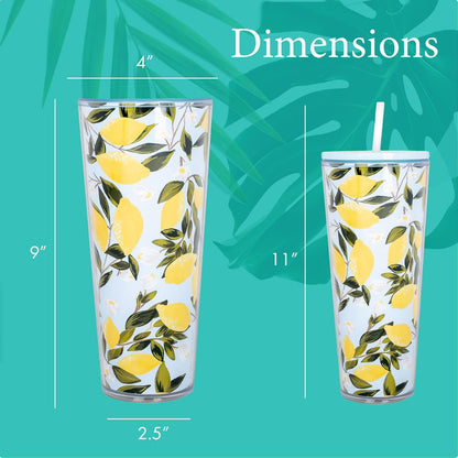 SH00058 Bright Yellow Lemon Love Citrus 24 ounce Acrylic Travel Tumbler with Straw For Iced Coffee or Water