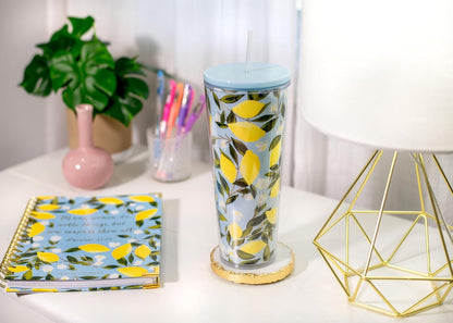 SH00058 Bright Yellow Lemon Love Citrus 24 ounce Acrylic Travel Tumbler with Straw For Iced Coffee or Water