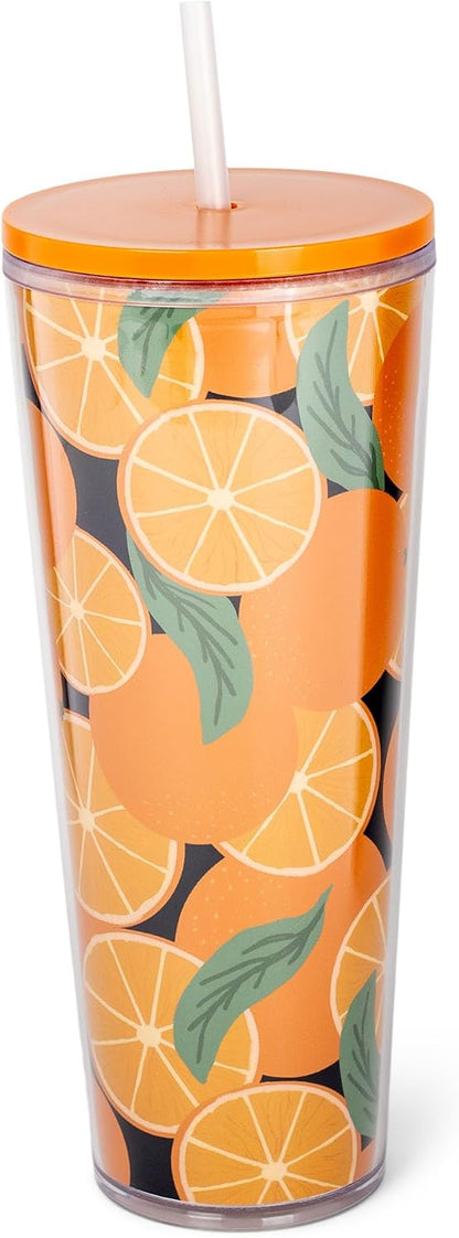 SH00058 Bright Yellow Lemon Love Citrus 24 ounce Acrylic Travel Tumbler with Straw For Iced Coffee or Water