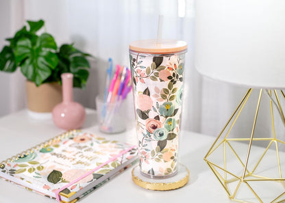 SH00058 Bright Yellow Lemon Love Citrus 24 ounce Acrylic Travel Tumbler with Straw For Iced Coffee or Water