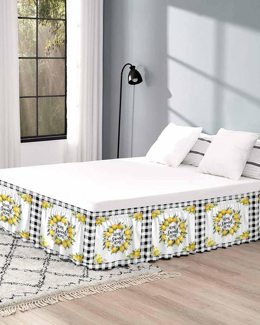 Summer Yellow Lemon Bed Skirt Queen Size 16 Inch Drop, Adjustable Elastic Wrap Around Bed Skirts Easy Fitting Dust Ruffle Bedskirt Bed Frame Cover Black Buffalo Plaid Farmhouse