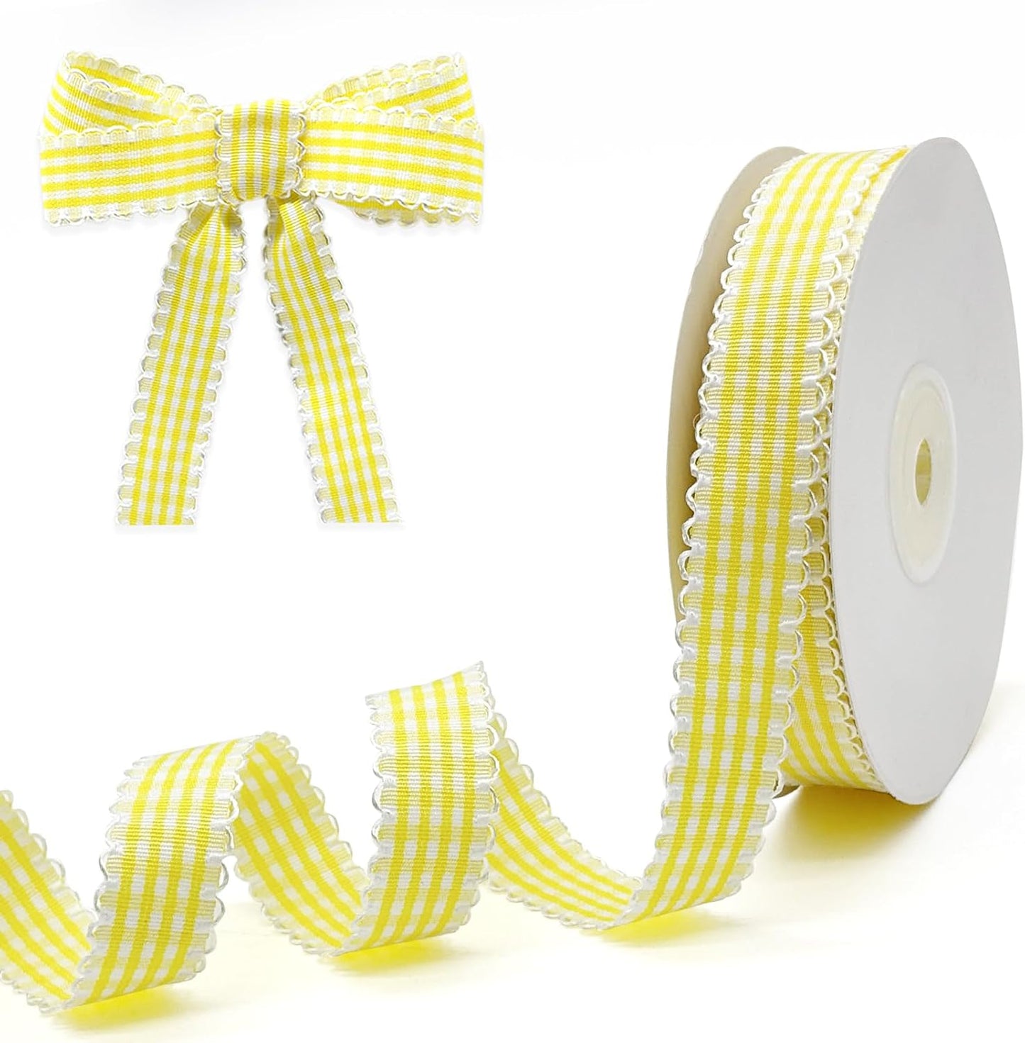 Yellow Gingham Plaid Ribbon 5/8" x20Yds | 100% polyester yellow gingham plaid ribbon. 5/8"x20Yds roll. Crisp fade-resistant for gifts, bouquets, wreaths & crafts