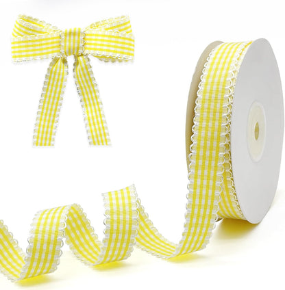 Yellow Gingham Plaid Ribbon 5/8" x20Yds | 100% polyester yellow gingham plaid ribbon. 5/8"x20Yds roll. Crisp fade-resistant for gifts, bouquets, wreaths & crafts