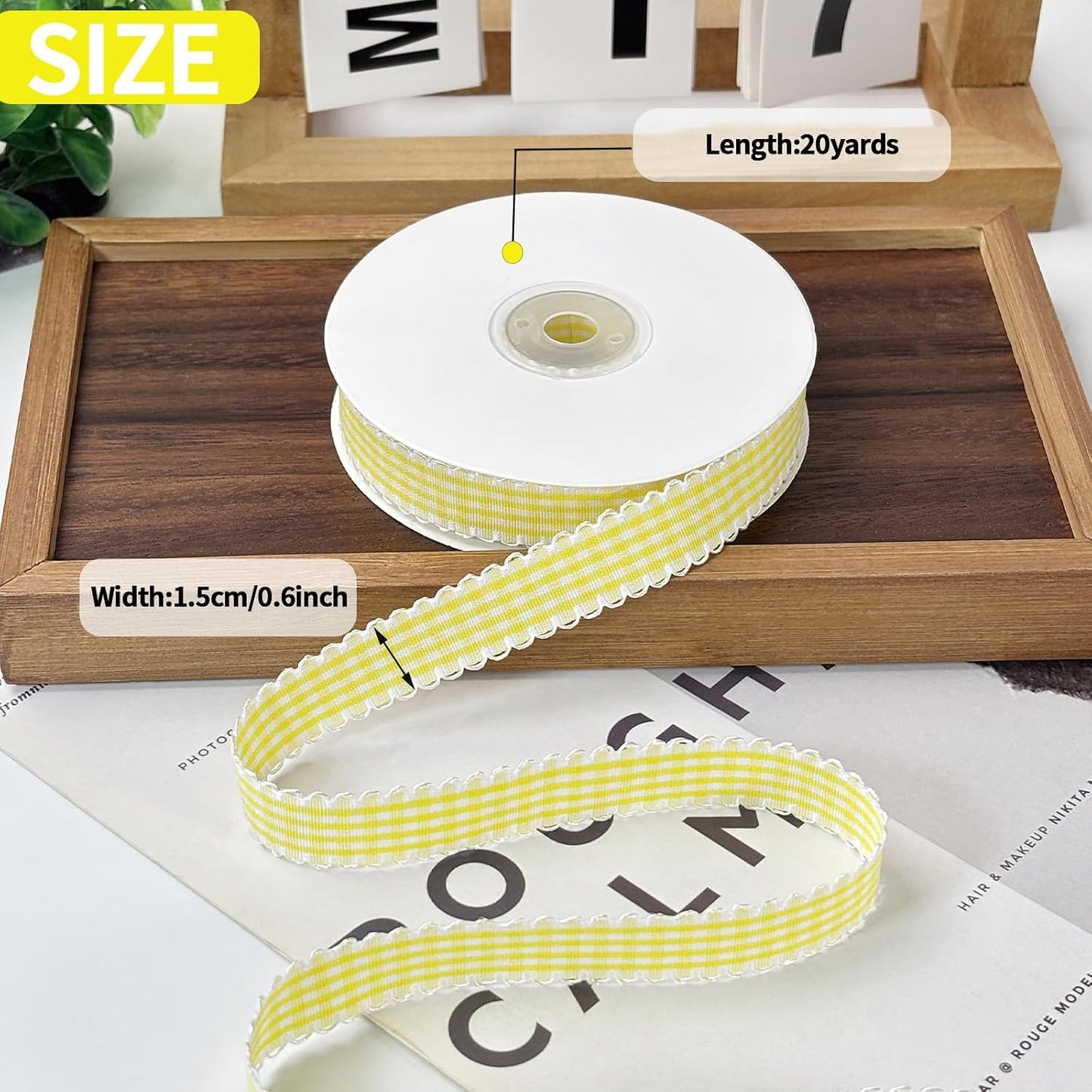 Yellow Gingham Plaid Ribbon 5/8" x20Yds | 100% polyester yellow gingham plaid ribbon. 5/8"x20Yds roll. Crisp fade-resistant for gifts, bouquets, wreaths & crafts