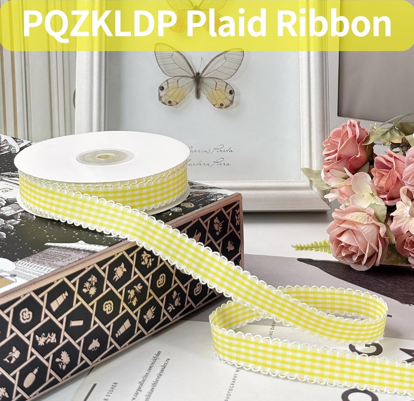 Yellow Gingham Plaid Ribbon 5/8" x20Yds | 100% polyester yellow gingham plaid ribbon. 5/8"x20Yds roll. Crisp fade-resistant for gifts, bouquets, wreaths & crafts