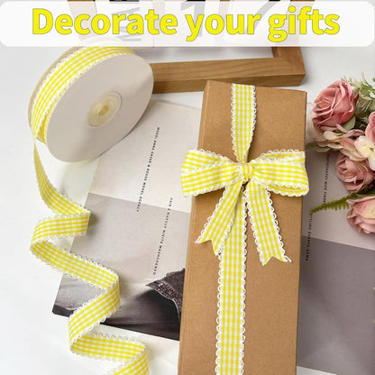 Yellow Gingham Plaid Ribbon 5/8" x20Yds | 100% polyester yellow gingham plaid ribbon. 5/8"x20Yds roll. Crisp fade-resistant for gifts, bouquets, wreaths & crafts