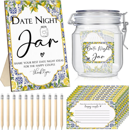 114 Pcs Bridal Shower Games Include Date Night Jar Wooden Sign 100 Cards 10 HB Pencils 2 Stickers for Fresh off The Market Wedding Reception Games Date Idea Party Favor Decoration (Lemon)