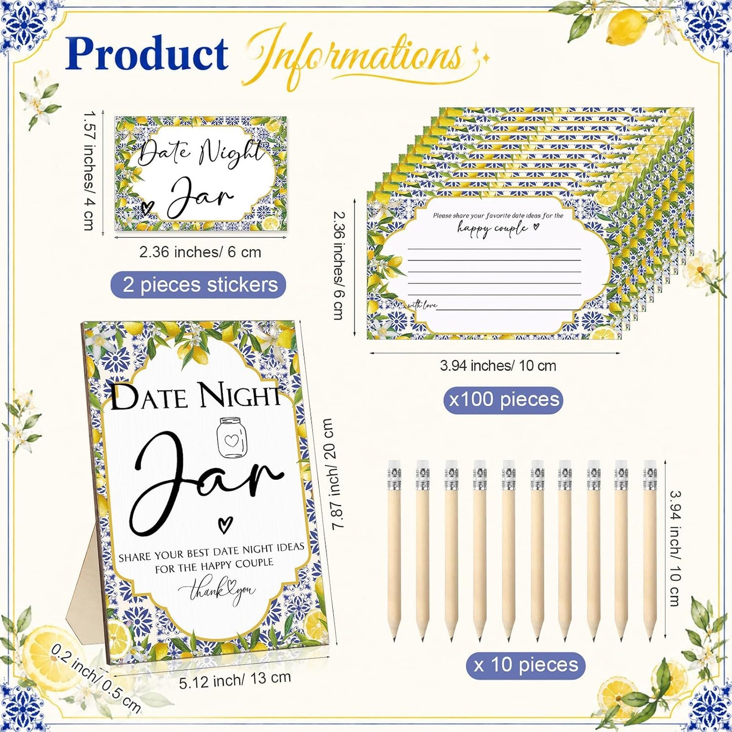 114 Pcs Bridal Shower Games Include Date Night Jar Wooden Sign 100 Cards 10 HB Pencils 2 Stickers for Fresh off The Market Wedding Reception Games Date Idea Party Favor Decoration (Lemon)
