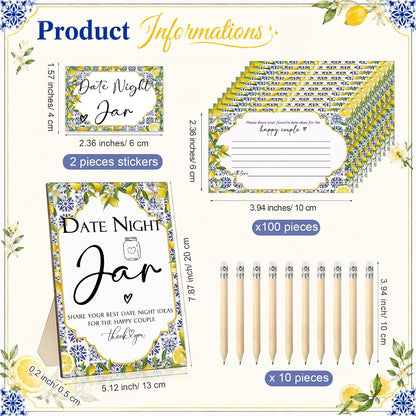 114 Pcs Bridal Shower Games Include Date Night Jar Wooden Sign 100 Cards 10 HB Pencils 2 Stickers for Fresh off The Market Wedding Reception Games Date Idea Party Favor Decoration (Lemon)