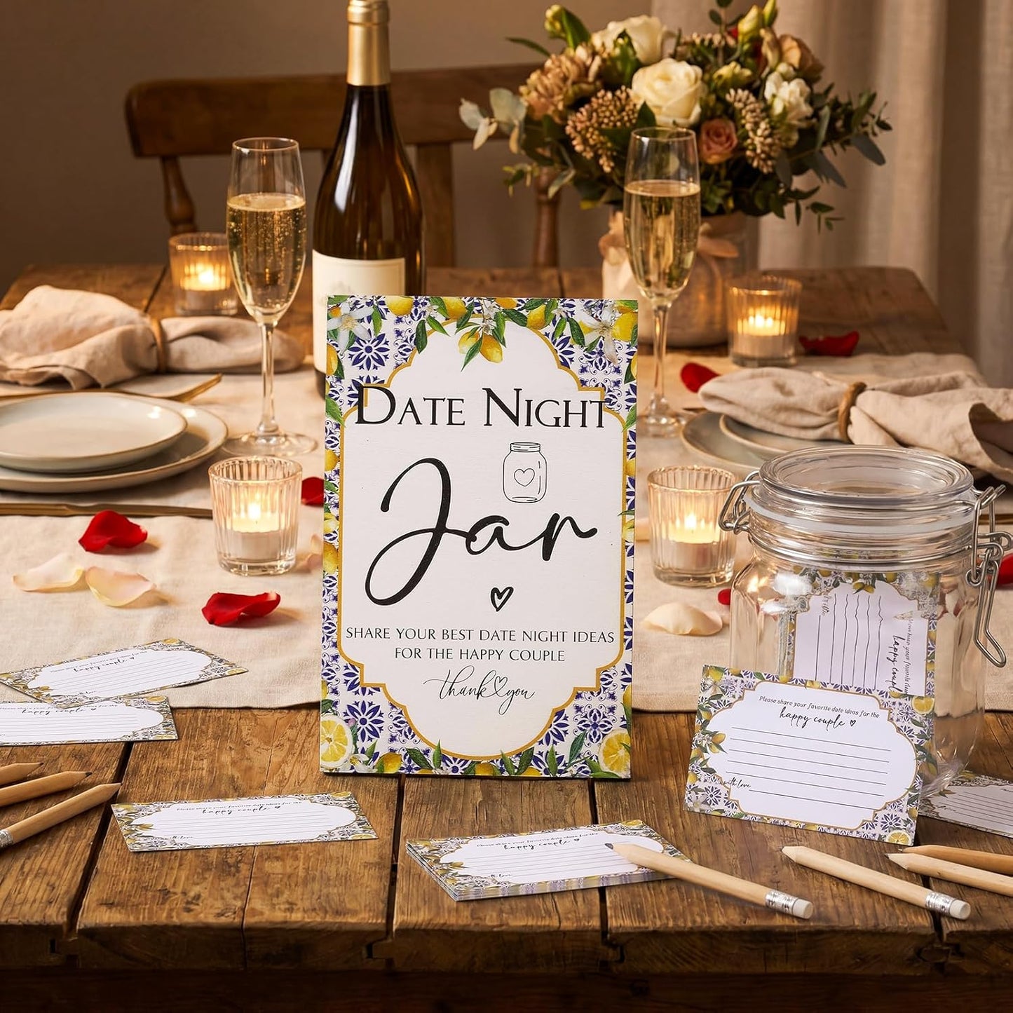 114 Pcs Bridal Shower Games Include Date Night Jar Wooden Sign 100 Cards 10 HB Pencils 2 Stickers for Fresh off The Market Wedding Reception Games Date Idea Party Favor Decoration (Lemon)