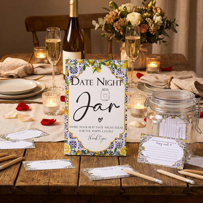 114 Pcs Bridal Shower Games Include Date Night Jar Wooden Sign 100 Cards 10 HB Pencils 2 Stickers for Fresh off The Market Wedding Reception Games Date Idea Party Favor Decoration (Lemon)