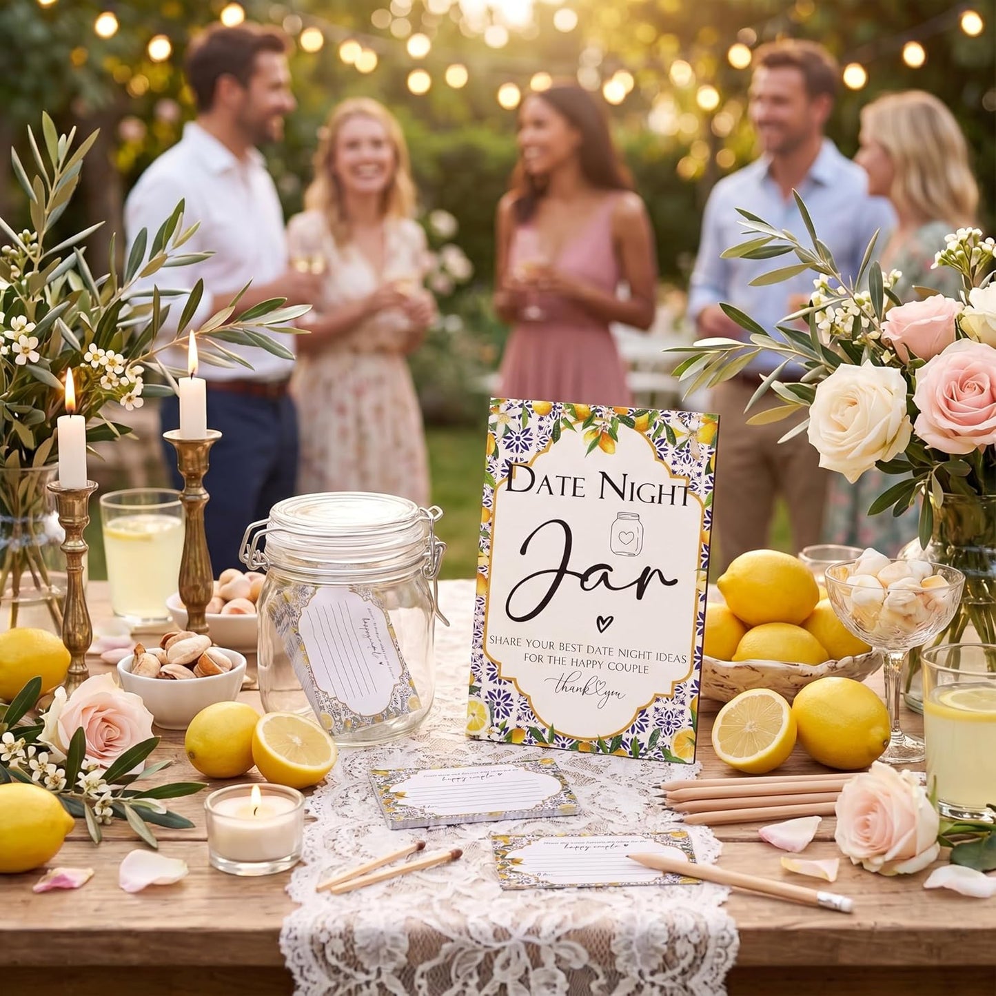 114 Pcs Bridal Shower Games Include Date Night Jar Wooden Sign 100 Cards 10 HB Pencils 2 Stickers for Fresh off The Market Wedding Reception Games Date Idea Party Favor Decoration (Lemon)