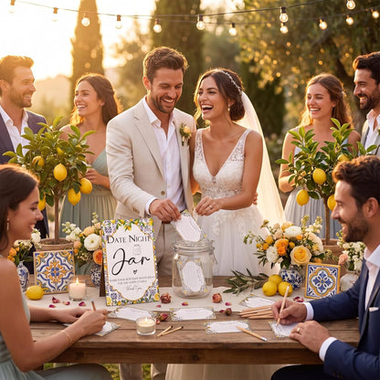 114 Pcs Bridal Shower Games Include Date Night Jar Wooden Sign 100 Cards 10 HB Pencils 2 Stickers for Fresh off The Market Wedding Reception Games Date Idea Party Favor Decoration (Lemon)