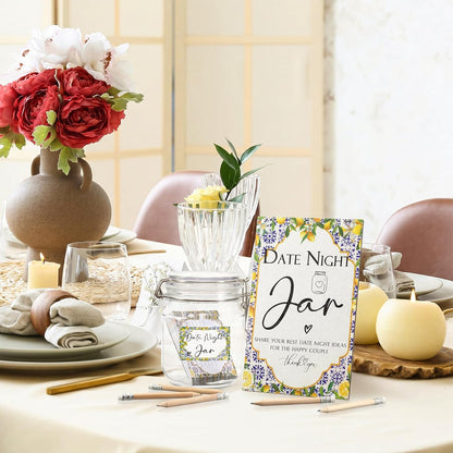114 Pcs Bridal Shower Games Include Date Night Jar Wooden Sign 100 Cards 10 HB Pencils 2 Stickers for Fresh off The Market Wedding Reception Games Date Idea Party Favor Decoration (Lemon)